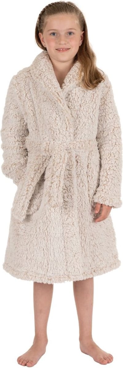 Teddy badjas kind - 100% zacht fleece - kinderbadjas teddylook - trendy ochtendjas voor kinderen - beige - maat 128