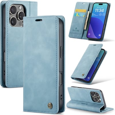 Casemania Hoesje Geschikt voor Apple iPhone 16 Pro - Aqua Blue - Dunne Portemonnee Book Case - Slim Wallet Case met Pasjeshouder