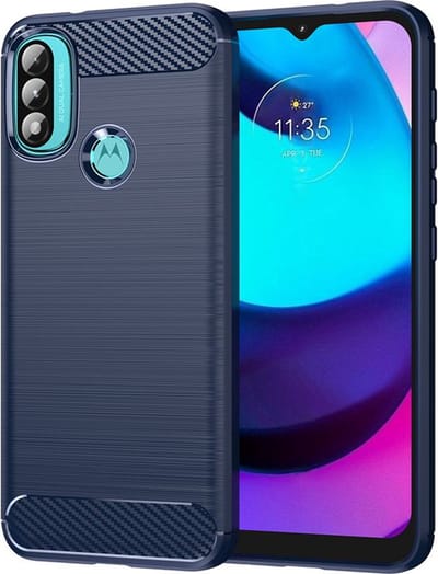 MobyDefend Hoesje - Geschikt voor Motorola Moto E20 / E30 / E40 - TPU Backcover - Geborstelde Metaal & Carbon-Look - Navy Blauw