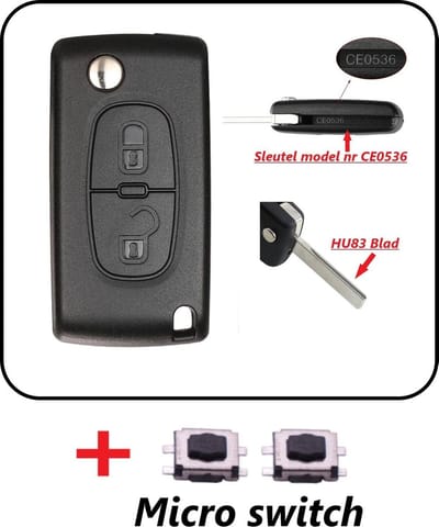 Autosleutelbehuizing 2 knoppen CEO536 HU83 met Micro schakelaars geschikt voor Peugeot Sleutel / Peugeot Expert / Peugeot 207 / Peugeot 307 / Peugeot 3008.