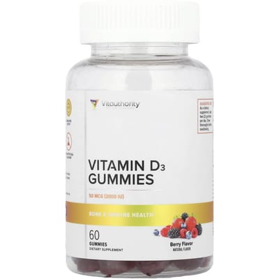 Vitauthority, Gummies à la vitamine D3, baies, 50 mcg (2 000 UI), 60 bonbons (25 mcg par bonbon gélifié)