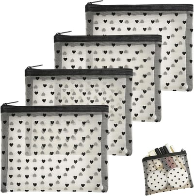 Set van 4 Kleine Make-up Tassen met Hartprint, Doorzichtige Mini Make-up Pouches met Ritssluiting, Mesh Organizer voor Cosmetica en Toiletten, Ideaal voor Vrouwen en Vakanties