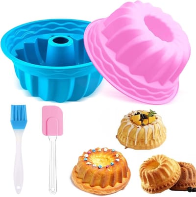 siliconen, set van 2 bakvormen Ø 16,5 cm Gugelhupf cakevorm Hoogwaardige siliconen cakevorm, herbruikbare Bundtvorm en 1 spatel 1 borstel voor cake brood (Blauw, Roze)