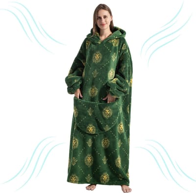 Livano Hoodie Deken Met Mouwen - Plaid - Knuffeldeken - Onesie - Fleece Blanket - Dames - Heren - Kinderen - Extra Zacht & Warm - Groene Leeuw