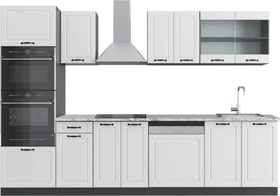 Vicco R-Line Complete keukeneenheid – 300 cm met hoge kast, WB Marmer Landhuis wit/antraciet