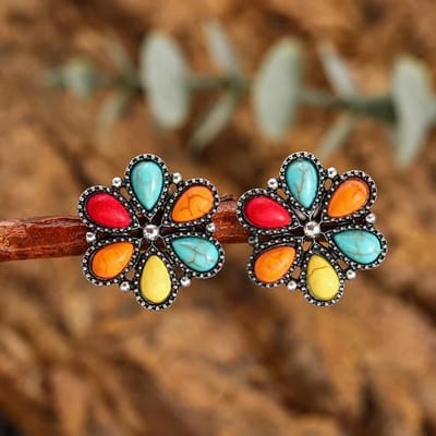 Boucles d'oreilles Vintage Bohémiennes Fleurs Design Turquoise Coloré Pour Femmes Boucles d'oreilles Tournesol Creux Style Ethnique Bijou Cadeau black