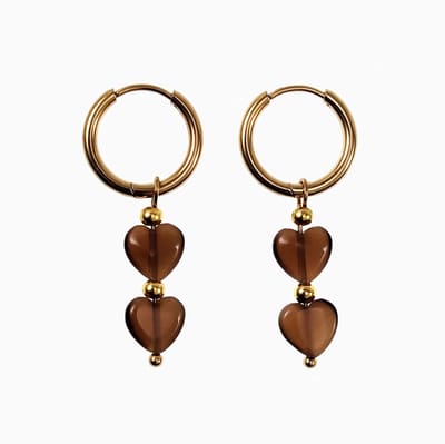 ∅16mm Oorringen met Bruin Opaal Hart Stenen, Oorbellen met Hart Hangers, RVS Verguld - Dames