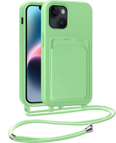Hoesje Geschikt voor iPhone 14 Telefoonhoesje Met Koord Case Pashouder Met 2x Screenprotector Siliconen - Hoes Geschikt voor iPhone 14 Hoesje Met Kaarthouder - Groen