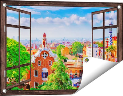 Gards Tuinposter Doorkijk Park Güell in Barcelona - Kleurrijk - 60x40 cm - Tuindoek - Tuindecoratie - Wanddecoratie buiten - Tuinschilderij