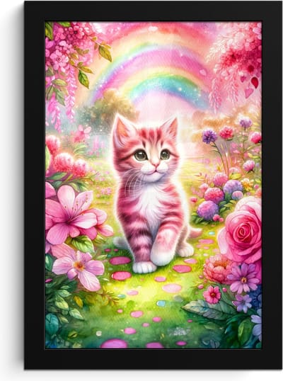 Poster in lijst - Fotolijst 20x30 cm - Posters - Kitten - Roze - Kat - Regenboog - Bloemen - Posterlijst zwart - Kamer decoratie - Wanddecoratie kinderkamer - Muurdecoratie babykamer