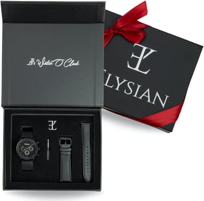 Elysian - Horloge Geschenkset mannen - Zwarte mesh horloge geschenkdoos met leren horlogebandje - Roestvrij Staal - Vaderdag Cadeau