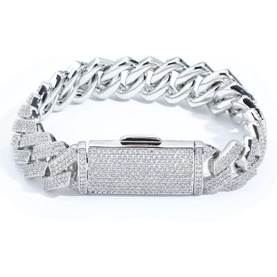 16MM Cubaanse Schakel Armband Baguette Pin Iced Out Micropave Armband Kubieke Zirconia Cz Voor Man Vrouwen Hip Hop Sieraden W6660WW-Silver Color white