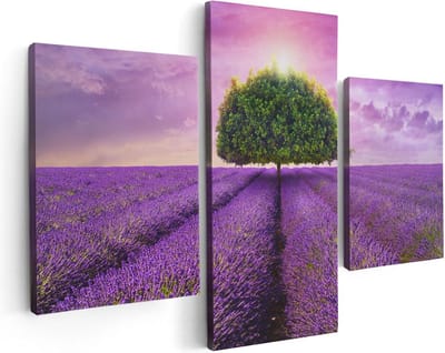 Artaza Canvas Schilderij Drieluik Groene Boom In De Lavendel Bloemen - 90x60 - Foto Op Canvas - Canvas Print