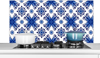 Spatscherm keuken 120x60 cm - Kookplaat achterwand Tegel - Bloem - Blauw - Patroon - Muurbeschermer - Spatwand fornuis - Hoogwaardig aluminium
