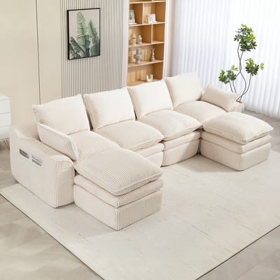 MODENUIT Hoekbank 335 x 167 cm - Modulair Met Zijvakken En Kussens - Voor Woonkamer En Kantoor - Ribfluweel Beige