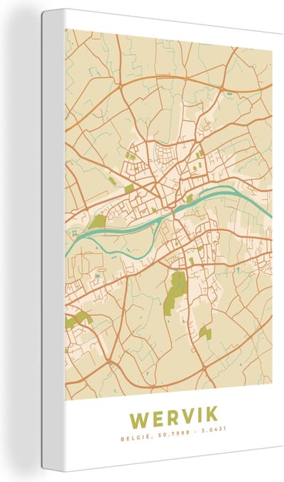 Canvas Schilderij Stadskaart - Plattegrond - Vintage - Wervik - Kaart - 20x30 cm - Wanddecoratie