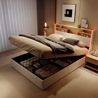 Wit PU-Leder Tweepersoonsbed 140x200 cm – Hydraulisch Opbergbed met LED-Verlichting, USB & Type-C, Hoofdbord met Opbergruimte, Modern Luxe Bed met Gaslift