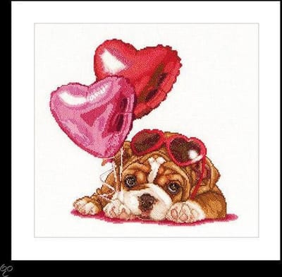 Thea Gouverneur - Borduurpakket met telpatroon - 739A - Voorgesorteerde DMC Garens - Valentijns Puppy - Aida - 31 cm x 30 cm - DIY Kit