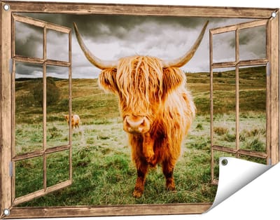 Gards Tuinposter Doorkijk Schotse Hooglanders in de Weide met Wolken - 90x60 cm - Tuindoek - Tuindecoratie - Wanddecoratie buiten - Tuinschilderij