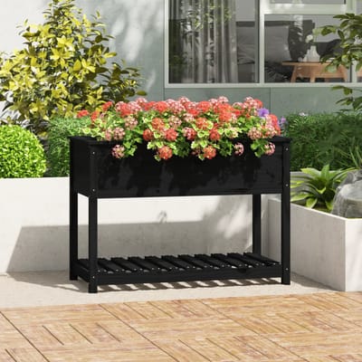 vidaXL - Plantenbak - met - schap - 111,5x54x81 - cm - massief - grenenhout - zwart