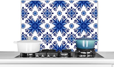 Spatscherm keuken 80x55 cm - Kookplaat achterwand Tegel - Bloem - Blauw - Patroon - Muurbeschermer - Spatwand fornuis - Hoogwaardig aluminium