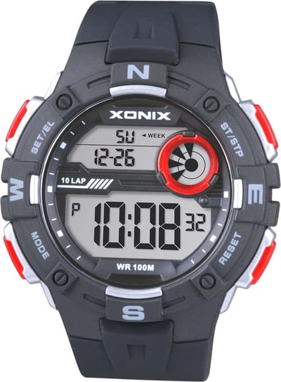 Xonix DAG-A06 - Horloge - Polshorloge - Digitaal - Heren - Mannen - Rond - Siliconen band - ABS/Kunststof - Achtergrondverlichting - Alarm - Start/Stop - Tweede tijdzone - Datumaanduiding - Waterdicht - Zwart - Zilverkleurig - Rood