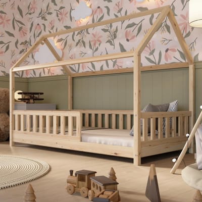 Montessori Kinderbed 200x90 cm met Veiligheidshek - Natuurlijk Houten Vloerbed Scandinavisch Design