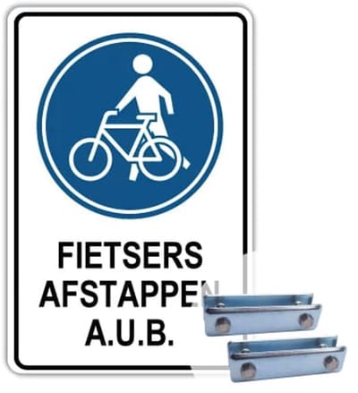Bord Fietsers afstappen - Weerbestendig Aluminium - 40x60 cm - Bevestiging: Met hekbeugels (voor spijlen- of gaashek)