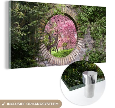 MuchoWow® Glasschilderij 40x20 cm - Schilderij acrylglas - Doorkijk - Sakura - Bloesem - Japans - Foto op glas - Schilderijen