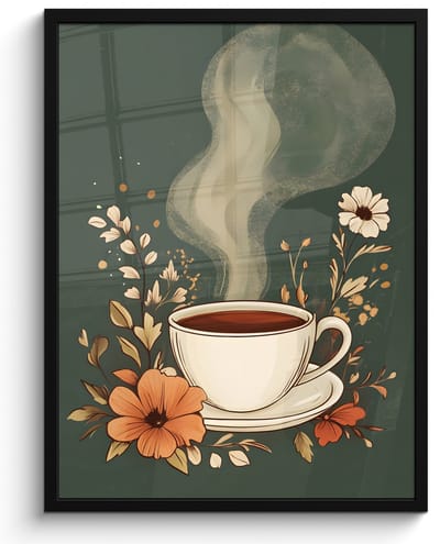 Poster in lijst - Fotolijst 50x70 cm - Posters - Kop - Bloemen - Groen - Koffie - Posterlijst zwart - Decoratie - Wanddecoratie woonkamer - Muurdecoratie slaapkamer