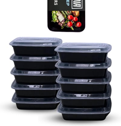 LaCardia Meal Prep Bakjes - Set van 10 Vershoudbakjes met Deksel - 1 Compartiment Diepvriesbakjes - Magnetron Bakjes - Zwart Transparant