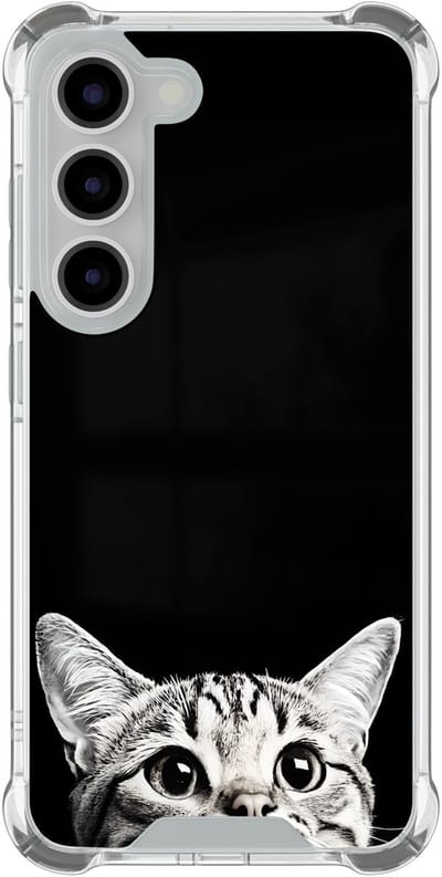 Shockproof hoesje geschikt voor Samsung Galaxy S23 - Kat kiekeboe - Schokbestendig - Verhoogde randen - TPU case - Extra Sterke Back Cover - Print - Transparant, Zwart