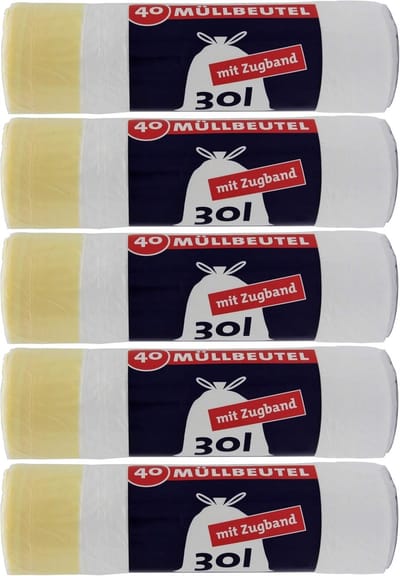 Afvalzakken met trekband - Vuilniszakken - Huishoudelijk afval - Scheurvast materiaal - 30 liter inhoud - Wit