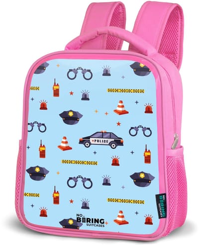 NoBoringSuitcases.com® - Rugzak roze - Schooltas meisjes - Politie en veiligheidspatroon op lichtblauw - Kinder rugtas meisje - Boekentas kind - Kinderrugzak voor school - Schoolrugzak