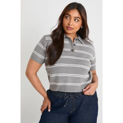 boohoo Dames PLUS TOP MET KRAAGDETAIL EN GESTREEPTE GEBREIDE TOP | Grijs | Maat: 56