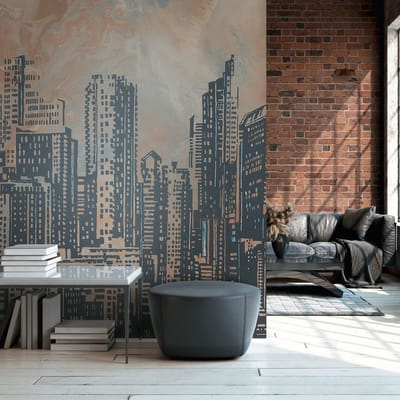 Fotobehang Profhome 393331-GU vliesbehang hardvinyl warmdruk in reliëf glad met architectonische motieven mat oranje grijs blauw 3,71 m x 2,8 m