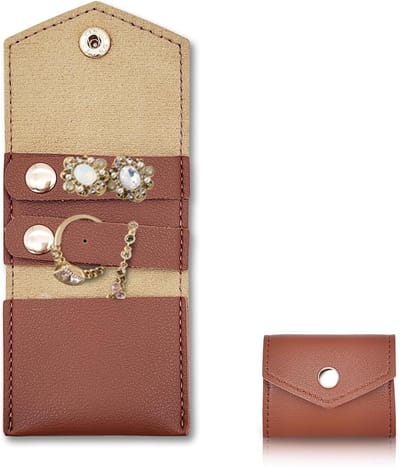 Famanu - Sieradendoos Klein Sieradenrollen Opvouwbare Sieraden Organizer Tas Draagbare Sieradentas voor Reizen, Sieradenopslag Reis Sieradenkist voor Ringen, Halskettingen, Oorbellen (Bruin)