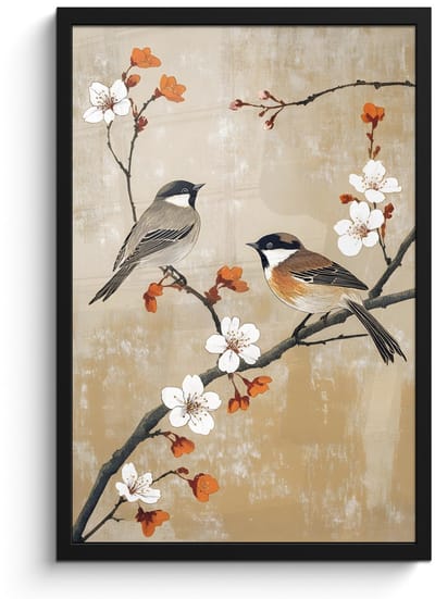 Poster in lijst - Fotolijst 40x60 cm - Posters - Vogels - Bloesemtak - Bloemen - Oranje - Posterlijst zwart - Decoratie - Wanddecoratie woonkamer - Muurdecoratie slaapkamer