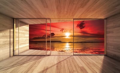 Fotobehang - Vlies Behang - Strand en Zee bij Zonsondergang Terras Zicht 3D - 416 x 254 cm