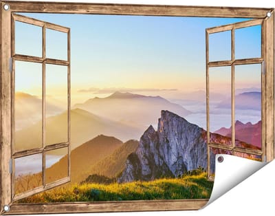 Gards Tuinposter Doorkijk Zonsopkomst in de Bergen in de Alpen - 90x60 cm - Tuindoek - Tuindecoratie - Wanddecoratie buiten - Tuinschilderij