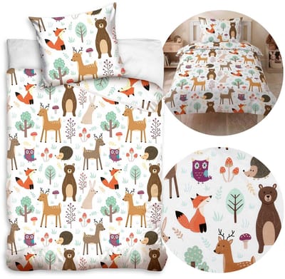 Bosdiertjes, wit, dubbelzijdig, kinderbeddengoed met ritssluiting, 100% katoen 140x200cm+70x80cm OEKO-TEX