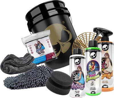 Nuke Guys Professional wasstraatset voor optimale handwas: Nuke Guys 5 GAL 19 ltr wasemmer + vuilinzet, dikke shampoo, velgenreiniger, bandengel, glanzende wielen microvezelset, applicatorpad