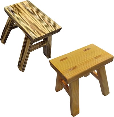 Houten Kruk - Voetenbank Bijzettafel - Extra Zitplaatsen - Set van Twee - 24x15x23cm - Geel-Bruin