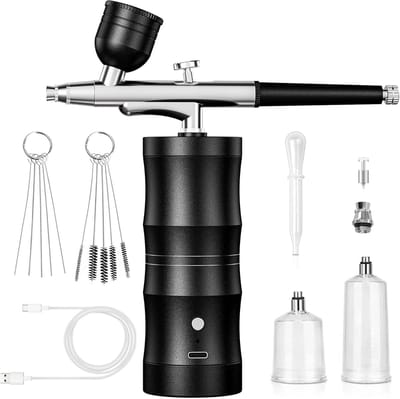 Airbrush Set met Compressor - Draagbaar, 48PSI Hogedruk, Antiverstopt, Snel Oplaadbaar - 0.3mm Mondstuk, Reinigingsborstel - voor Schilderen, Nagelkunst, Make-up - Zwart - 1 Stuk