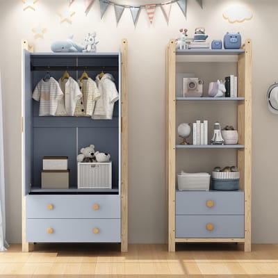BLACKCOLORS Kast met dubbele draaideuren, gecombineerde kasten, kast + plank, set voor kinderkamer, gecombineerde meubels, met kledingroede en lades, sparrenhouten frame, kleurencombinatie blauw + natuurlijk hout, hoogte 180 cm