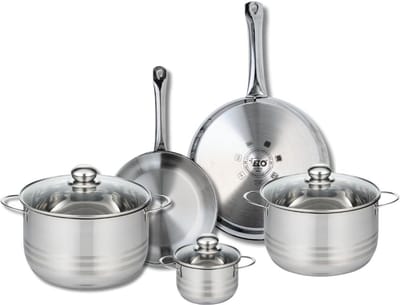 Set van 2 Koekenpannen 24 en 28 cm en 3 Kookpotten 12, 20 en 24 cm Elo Profi Brillant