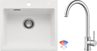 CECIPA max Spoelbak Keuken 40x45CM - Granieten spoelbakken Wit - Spoelbakken Keuken Met Keukenkraan - Enkele spoelbakken Incl. Sifon en Afvoerzeefje