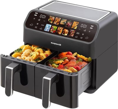 Hot Air Fryer, Air Fryer, Dual Zone Hot Air Fryer, 9 Litres, Double Chamber XXL, 2000 W, LED Touch Screen, 10 Programs, Fryer Hot Air Without Oil, Air Fryer with 2 Baskets (9L-901A)