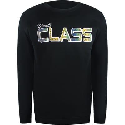 Cavalli Class Levendige Bloemenlogo Zwarte Ronde Hals Sweatshirt