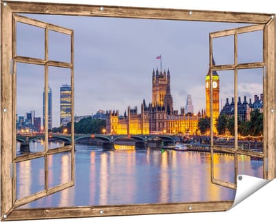 Gards Tuinposter Doorkijk London Big Ben en Westminster Brug - 150x100 cm - Tuindoek - Tuindecoratie - Wanddecoratie buiten - Tuinschilderij